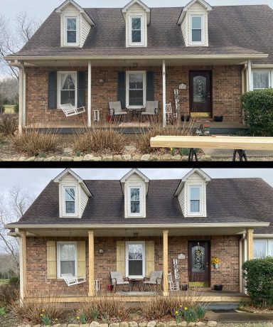 Porch post wrap and shutters